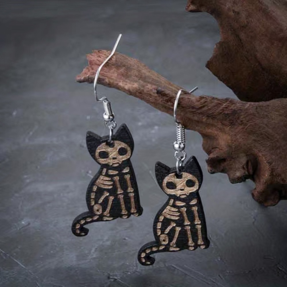 ✨3/$25✨ Vintage Gothic Black Cat Skull Wooden Earrings